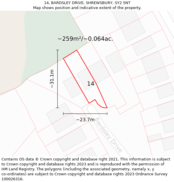 14, BARDSLEY DRIVE, SHREWSBURY, SY2 5NT: Plot and title map