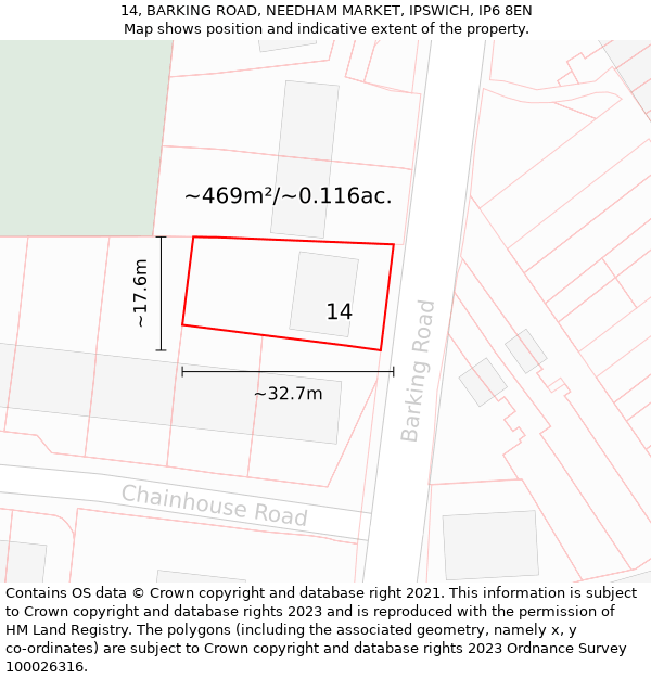 14, BARKING ROAD, NEEDHAM MARKET, IPSWICH, IP6 8EN: Plot and title map