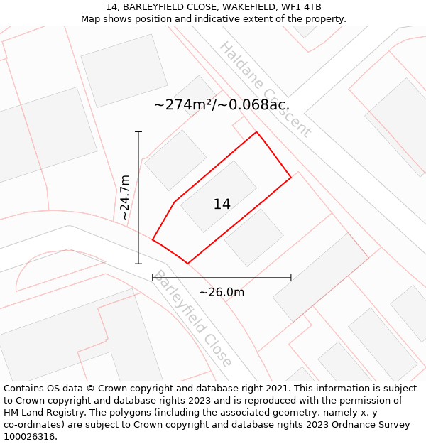 14, BARLEYFIELD CLOSE, WAKEFIELD, WF1 4TB: Plot and title map