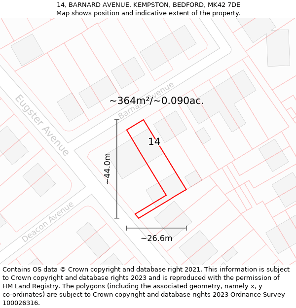 14, BARNARD AVENUE, KEMPSTON, BEDFORD, MK42 7DE: Plot and title map