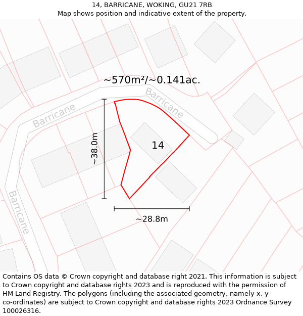 14, BARRICANE, WOKING, GU21 7RB: Plot and title map