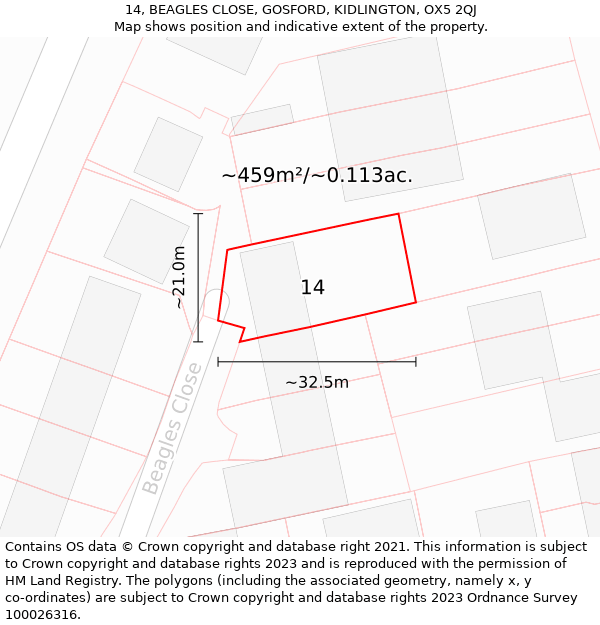 14, BEAGLES CLOSE, GOSFORD, KIDLINGTON, OX5 2QJ: Plot and title map
