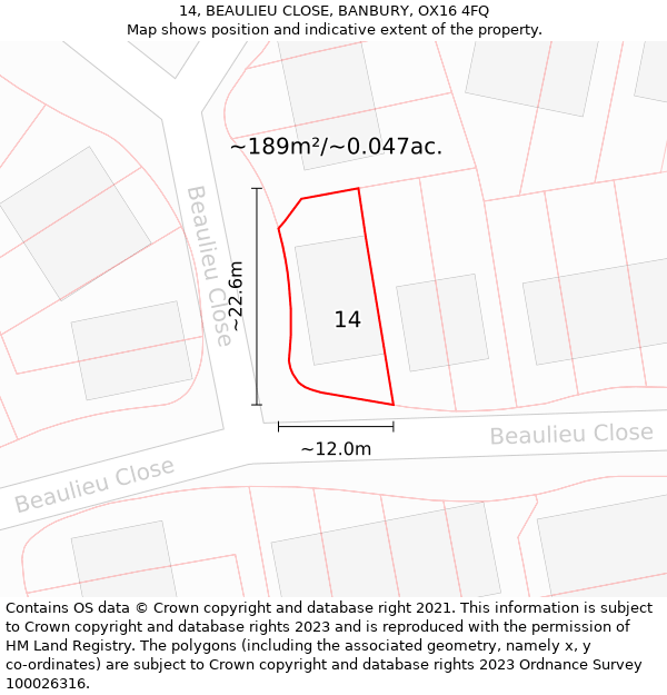 14, BEAULIEU CLOSE, BANBURY, OX16 4FQ: Plot and title map