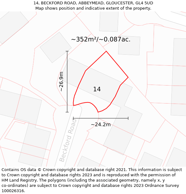 14, BECKFORD ROAD, ABBEYMEAD, GLOUCESTER, GL4 5UD: Plot and title map