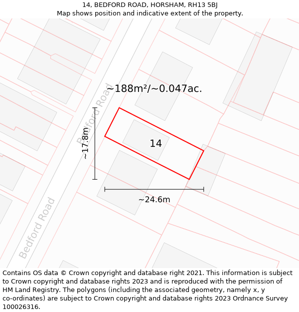 14, BEDFORD ROAD, HORSHAM, RH13 5BJ: Plot and title map