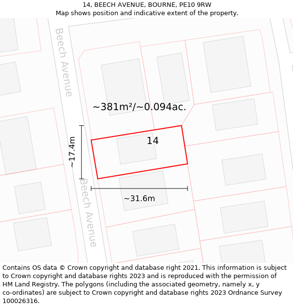 14, BEECH AVENUE, BOURNE, PE10 9RW: Plot and title map