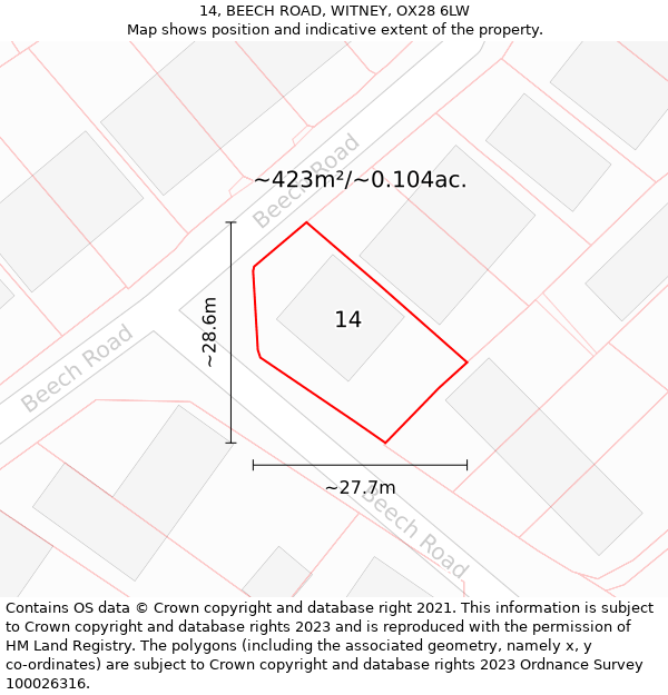 14, BEECH ROAD, WITNEY, OX28 6LW: Plot and title map