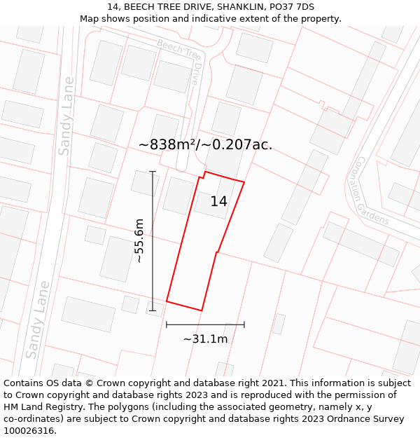 14, BEECH TREE DRIVE, SHANKLIN, PO37 7DS: Plot and title map