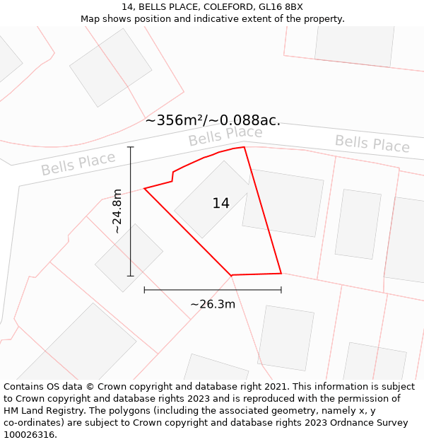 14, BELLS PLACE, COLEFORD, GL16 8BX: Plot and title map