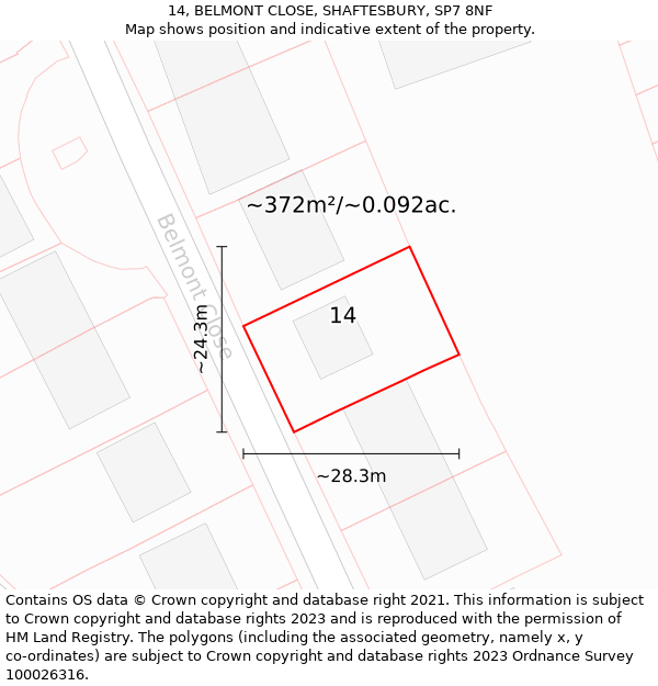 14, BELMONT CLOSE, SHAFTESBURY, SP7 8NF: Plot and title map