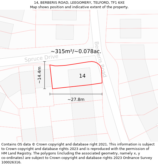 14, BERBERIS ROAD, LEEGOMERY, TELFORD, TF1 6XE: Plot and title map