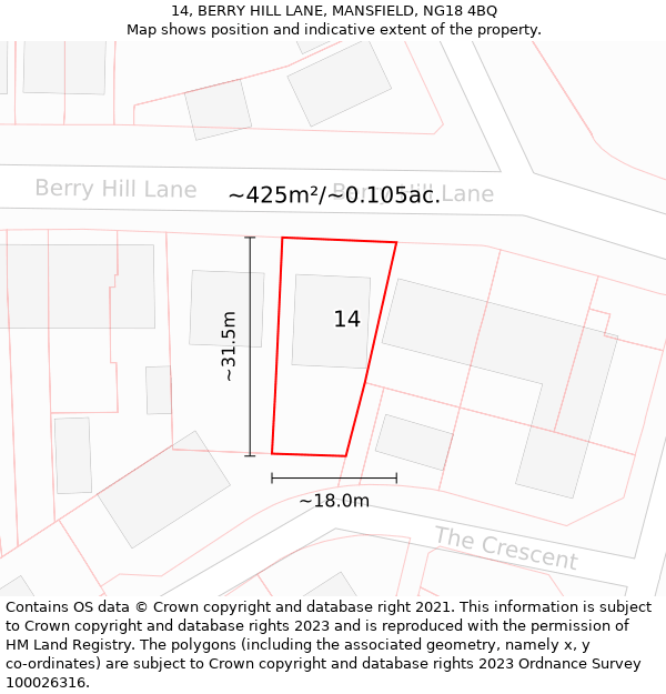 14, BERRY HILL LANE, MANSFIELD, NG18 4BQ: Plot and title map