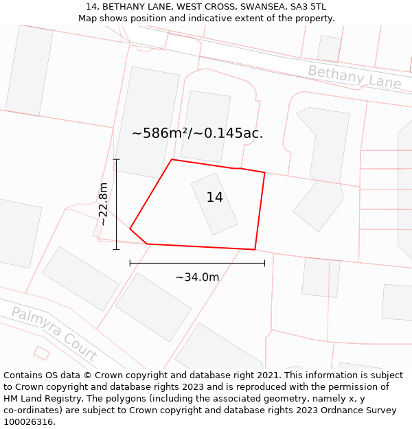 14, BETHANY LANE, WEST CROSS, SWANSEA, SA3 5TL: Plot and title map