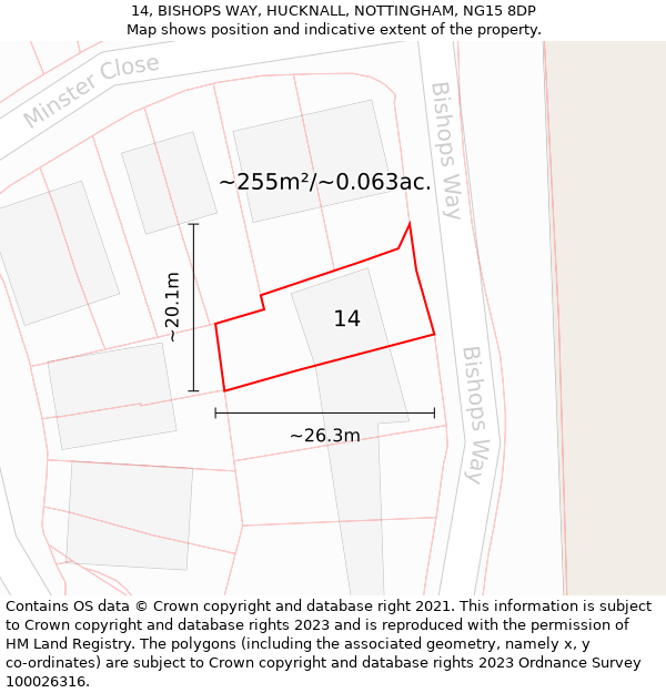 14, BISHOPS WAY, HUCKNALL, NOTTINGHAM, NG15 8DP: Plot and title map