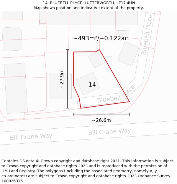14, BLUEBELL PLACE, LUTTERWORTH, LE17 4UN: Plot and title map