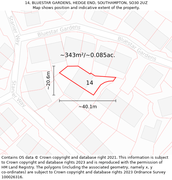 14, BLUESTAR GARDENS, HEDGE END, SOUTHAMPTON, SO30 2UZ: Plot and title map