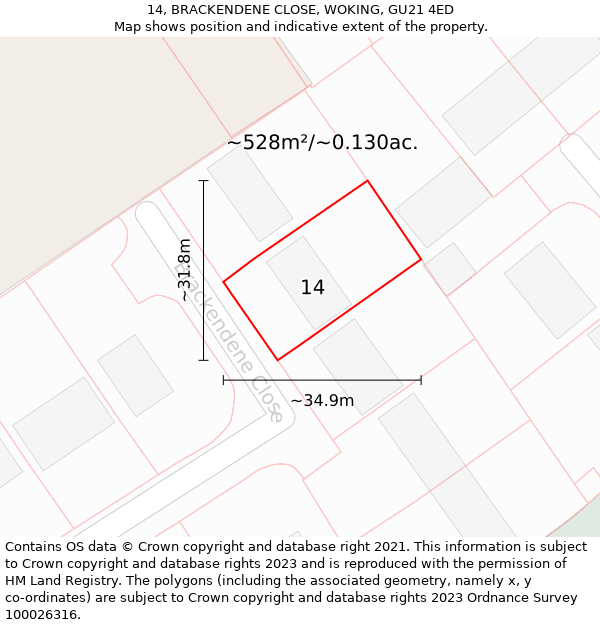 14, BRACKENDENE CLOSE, WOKING, GU21 4ED: Plot and title map