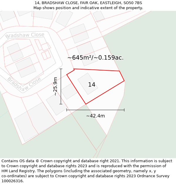 14, BRADSHAW CLOSE, FAIR OAK, EASTLEIGH, SO50 7BS: Plot and title map