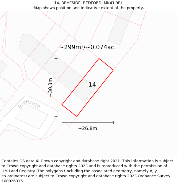 14, BRAESIDE, BEDFORD, MK41 9BL: Plot and title map