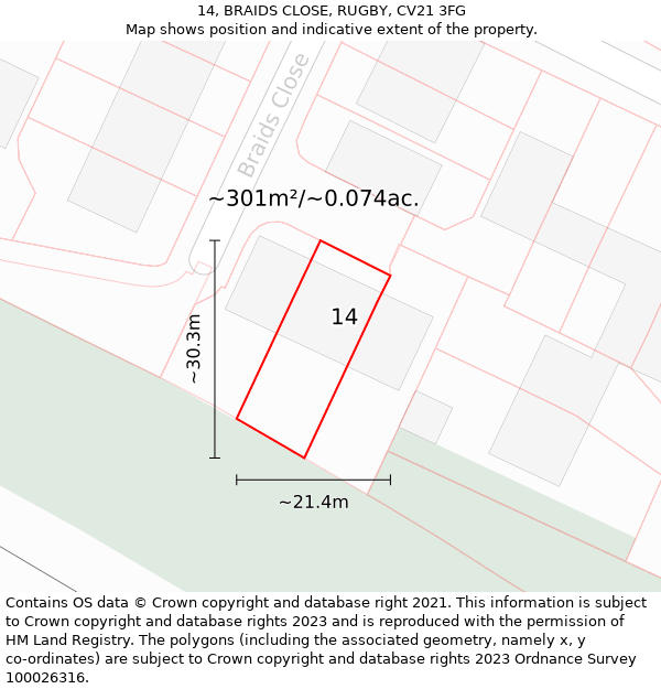 14, BRAIDS CLOSE, RUGBY, CV21 3FG: Plot and title map