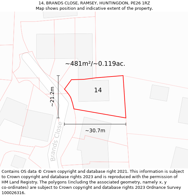 14, BRANDS CLOSE, RAMSEY, HUNTINGDON, PE26 1RZ: Plot and title map