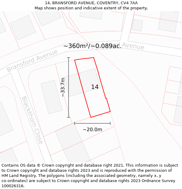 14, BRANSFORD AVENUE, COVENTRY, CV4 7AA: Plot and title map
