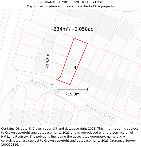 14, BRANTHILL CROFT, SOLIHULL, B91 3XB: Plot and title map