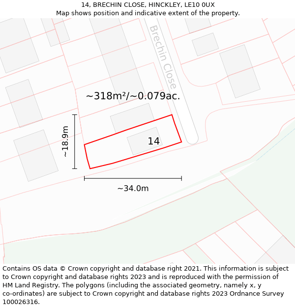 14, BRECHIN CLOSE, HINCKLEY, LE10 0UX: Plot and title map