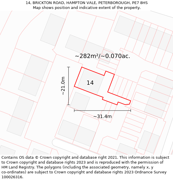 14, BRICKTON ROAD, HAMPTON VALE, PETERBOROUGH, PE7 8HS: Plot and title map