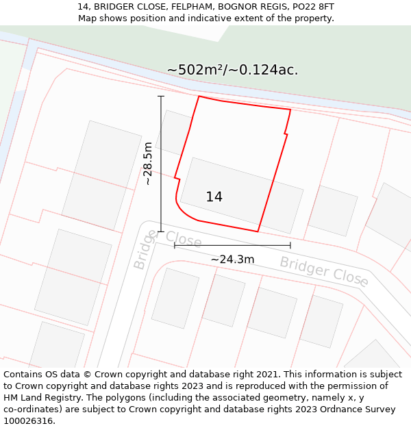 14, BRIDGER CLOSE, FELPHAM, BOGNOR REGIS, PO22 8FT: Plot and title map