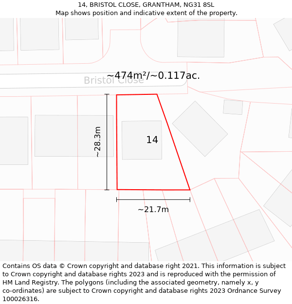 14, BRISTOL CLOSE, GRANTHAM, NG31 8SL: Plot and title map