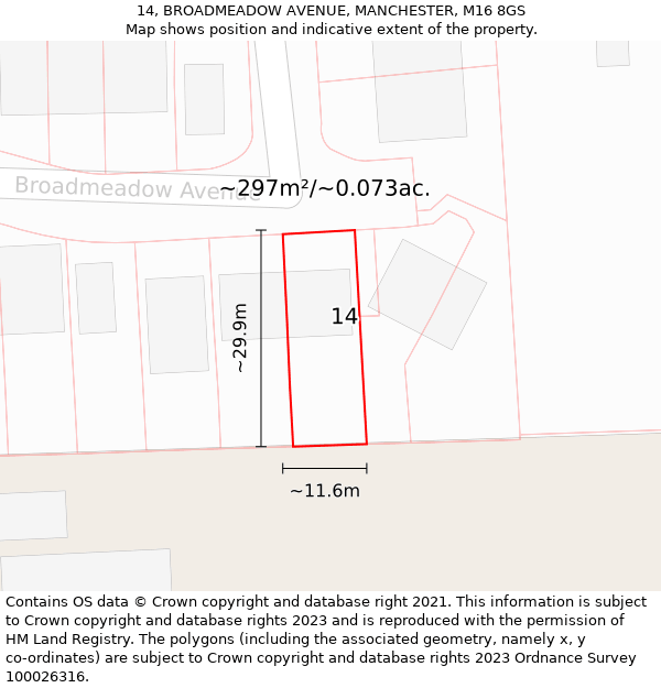 14, BROADMEADOW AVENUE, MANCHESTER, M16 8GS: Plot and title map