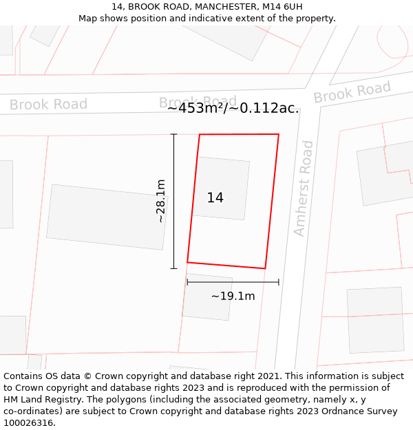 14, BROOK ROAD, MANCHESTER, M14 6UH: Plot and title map