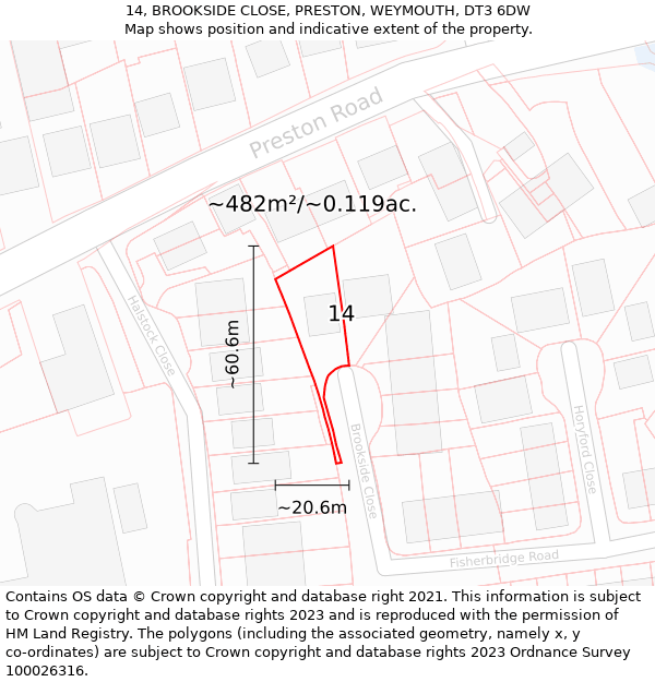 14, BROOKSIDE CLOSE, PRESTON, WEYMOUTH, DT3 6DW: Plot and title map