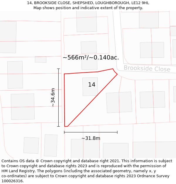 14, BROOKSIDE CLOSE, SHEPSHED, LOUGHBOROUGH, LE12 9HL: Plot and title map