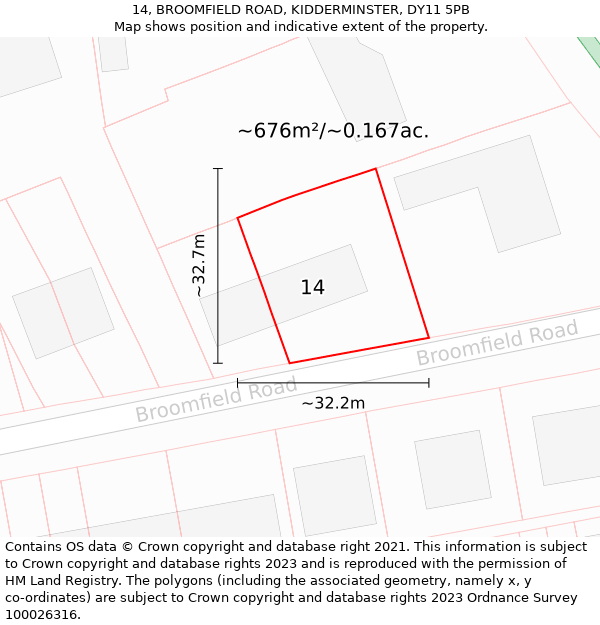 14, BROOMFIELD ROAD, KIDDERMINSTER, DY11 5PB: Plot and title map