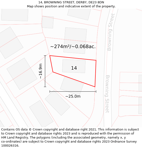 14, BROWNING STREET, DERBY, DE23 8DN: Plot and title map