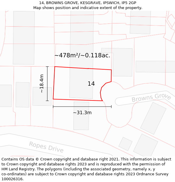 14, BROWNS GROVE, KESGRAVE, IPSWICH, IP5 2GP: Plot and title map