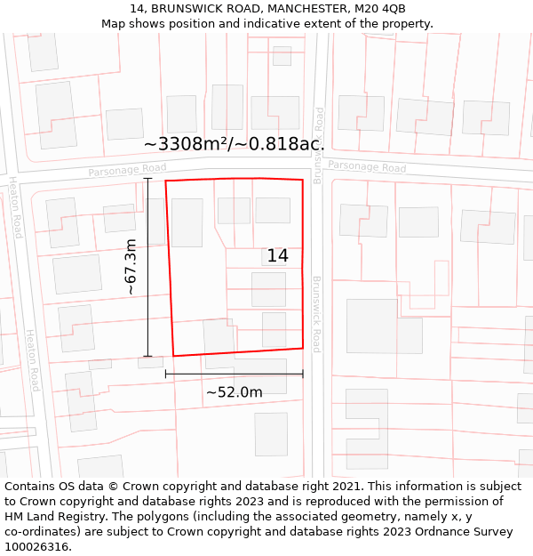 14, BRUNSWICK ROAD, MANCHESTER, M20 4QB: Plot and title map