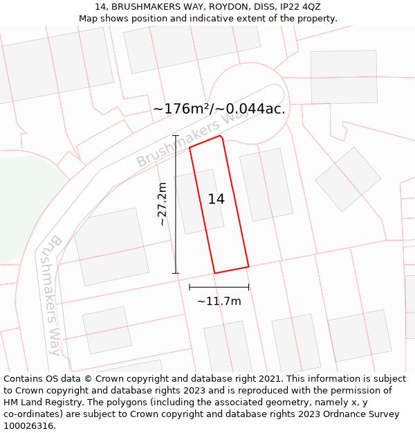 14, BRUSHMAKERS WAY, ROYDON, DISS, IP22 4QZ: Plot and title map