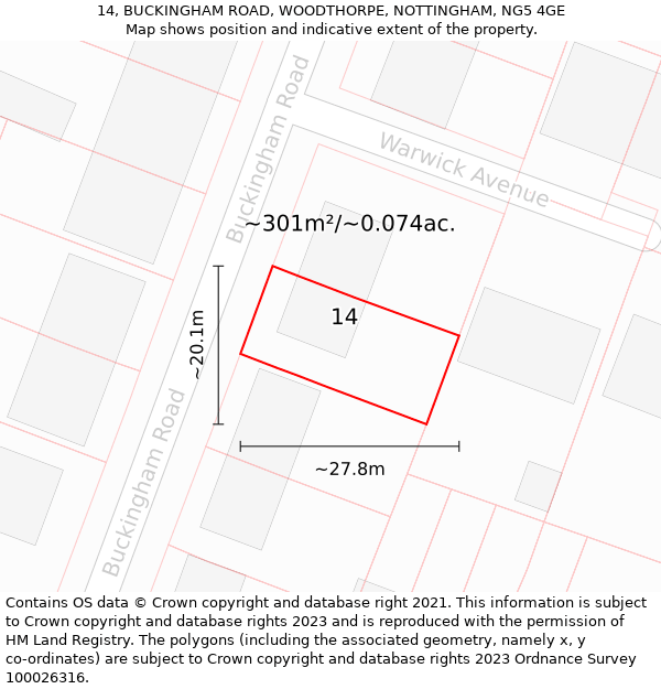 14, BUCKINGHAM ROAD, WOODTHORPE, NOTTINGHAM, NG5 4GE: Plot and title map