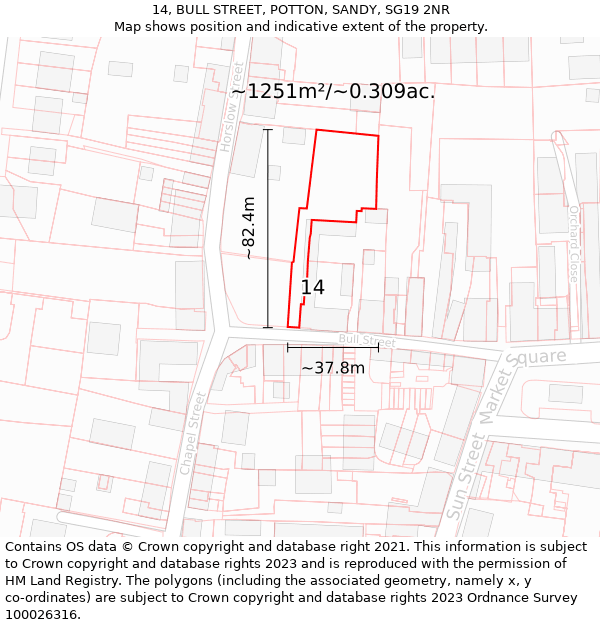 14, BULL STREET, POTTON, SANDY, SG19 2NR: Plot and title map