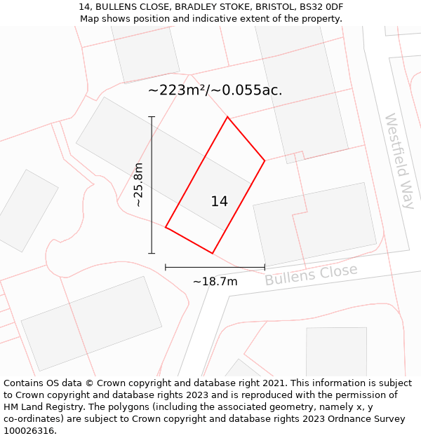 14, BULLENS CLOSE, BRADLEY STOKE, BRISTOL, BS32 0DF: Plot and title map