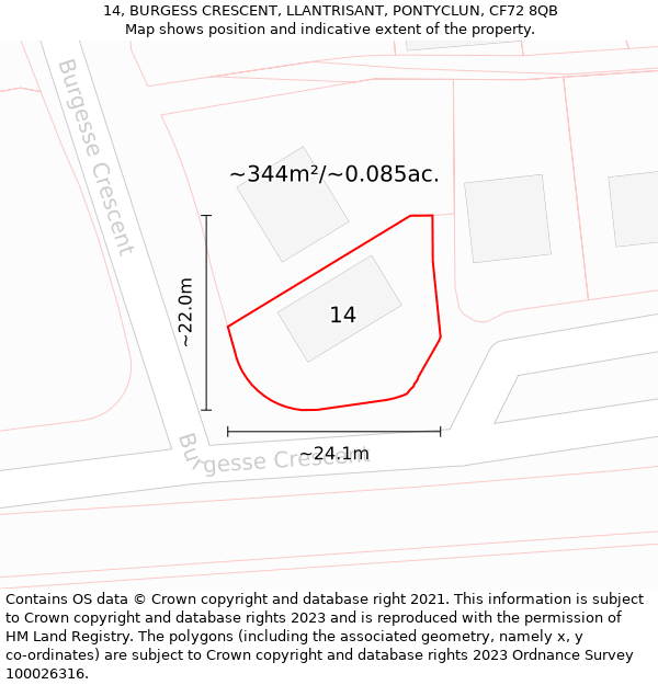 14, BURGESS CRESCENT, LLANTRISANT, PONTYCLUN, CF72 8QB: Plot and title map