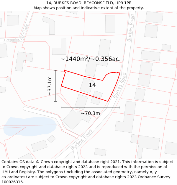 14, BURKES ROAD, BEACONSFIELD, HP9 1PB: Plot and title map