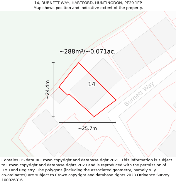 14, BURNETT WAY, HARTFORD, HUNTINGDON, PE29 1EP: Plot and title map