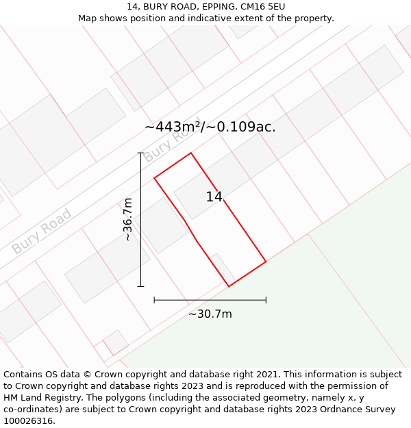 14, BURY ROAD, EPPING, CM16 5EU: Plot and title map