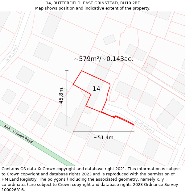 14, BUTTERFIELD, EAST GRINSTEAD, RH19 2BF: Plot and title map