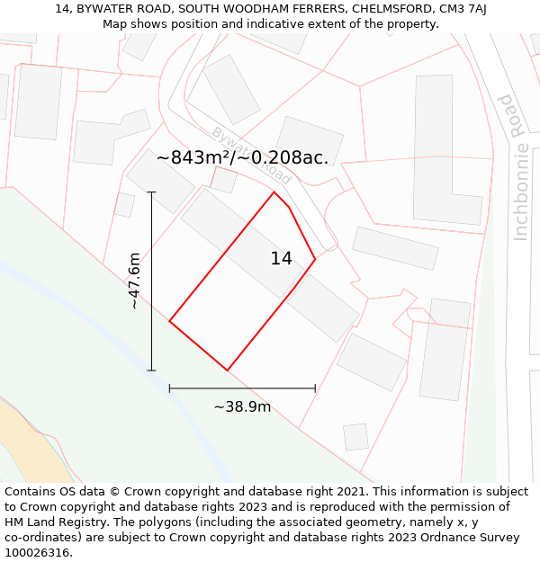 14, BYWATER ROAD, SOUTH WOODHAM FERRERS, CHELMSFORD, CM3 7AJ: Plot and title map