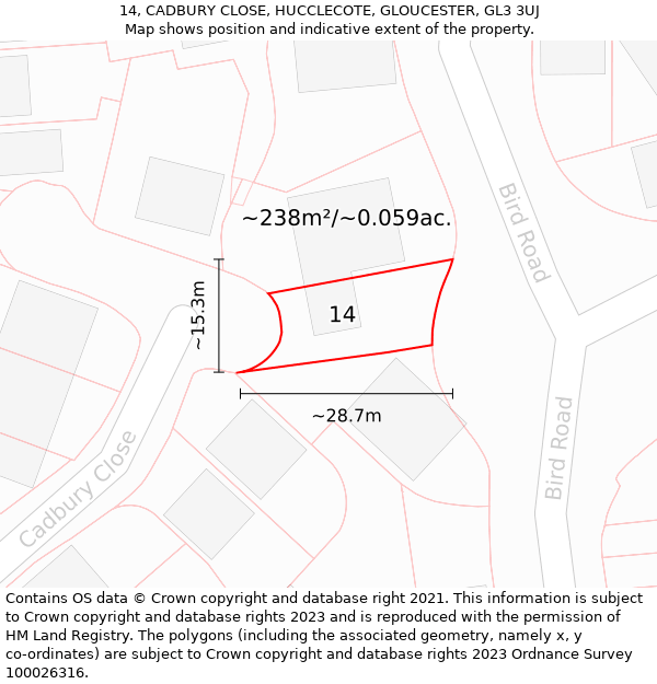 14, CADBURY CLOSE, HUCCLECOTE, GLOUCESTER, GL3 3UJ: Plot and title map